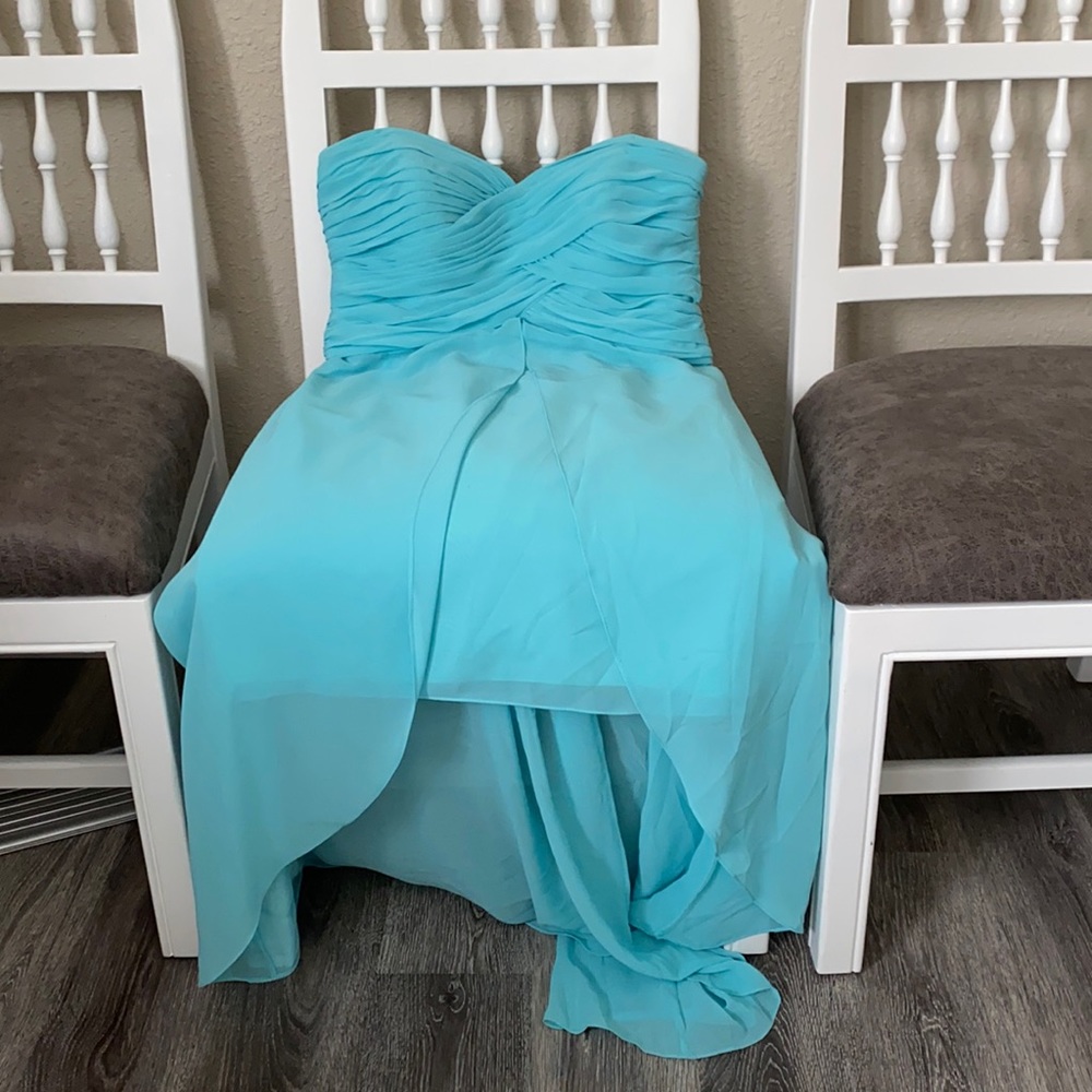 David’s Bridal hi-lo dress style F15678, pool blue